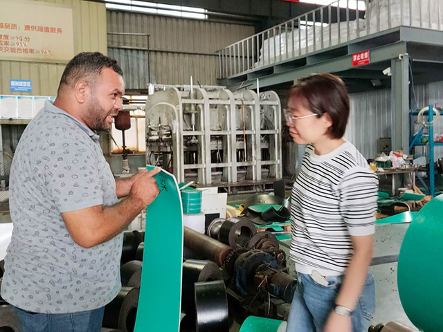 explaining product features during exhibition meeting